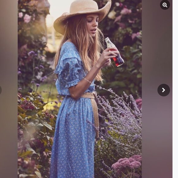 LoveShackFancy Floral Peasant Midi Ruffle Dress Blue, XS - Picture 1 of 4